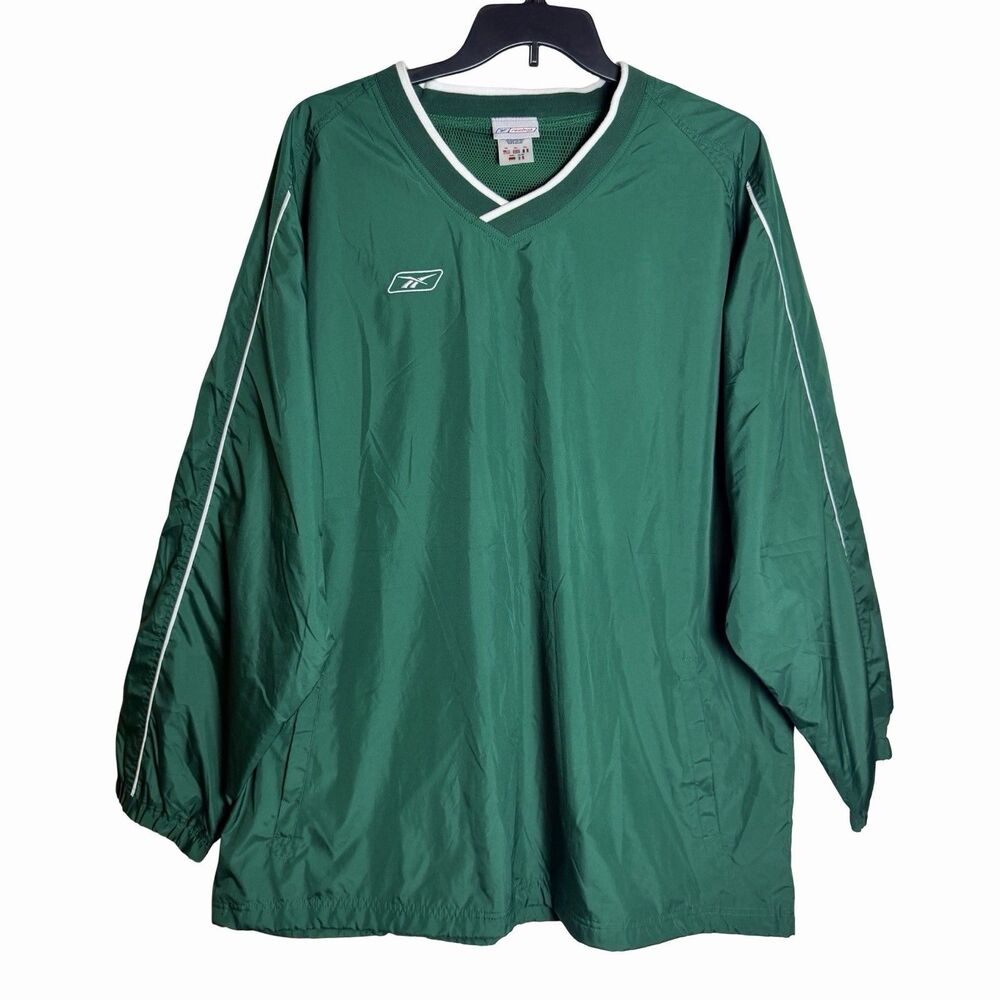 Vintage Reebok V-Neck Pullover Windbreaker Jacket Green Mens 3XL Mesh Lining